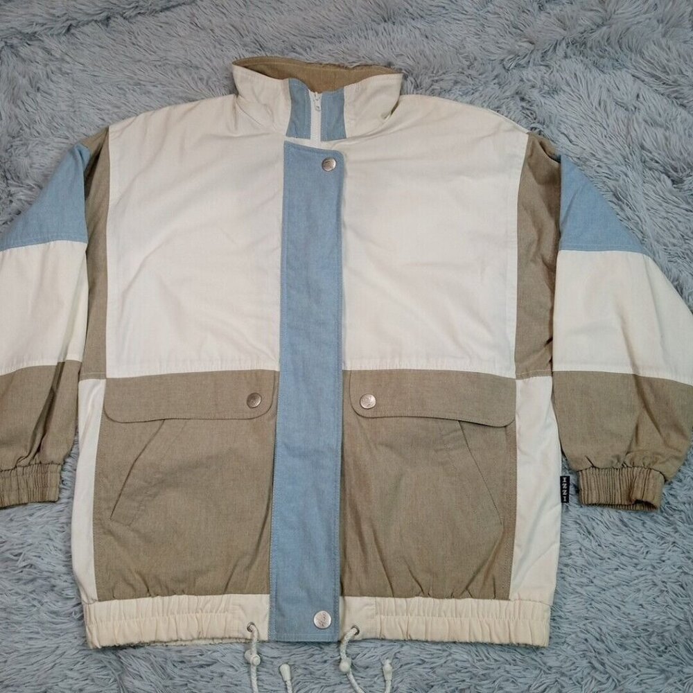 Vintage Izzi Womens Jacket White L‎ Zip Snap Up Coat Lined Lightweight Pockets